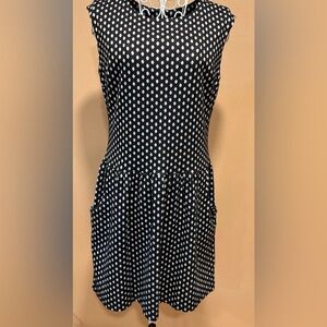 Cynthia Rowley Black White Polka Dot Midi Dress Fitted Bodice Pockets Size 8